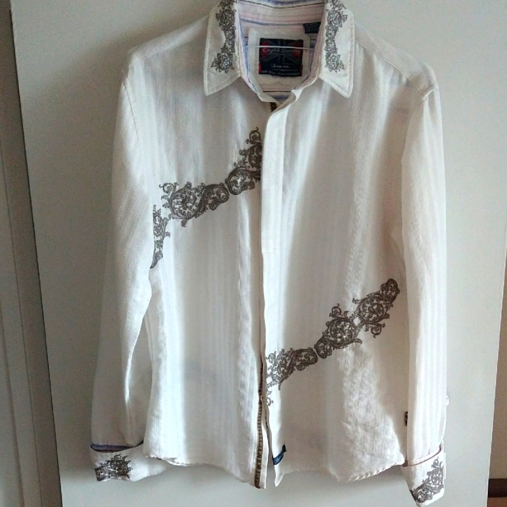 Men's EnglishLaundry White and Gray Embroidered Shirt L